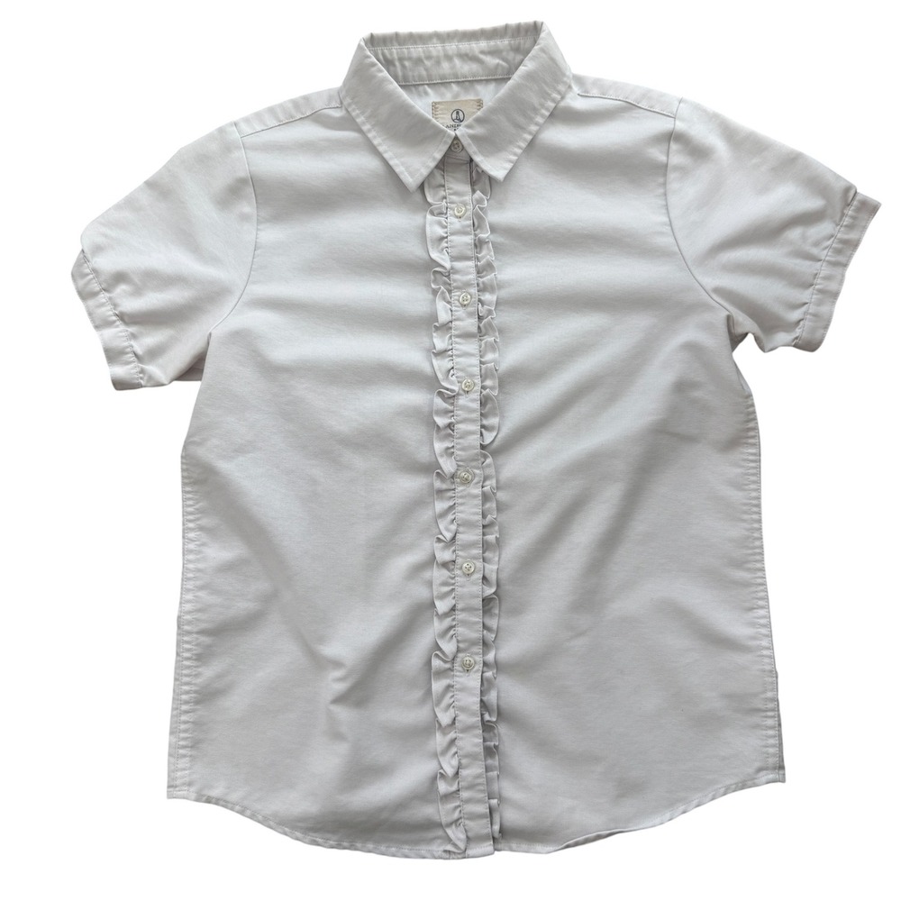 Lands' End Ruffle Button Up Top Short Sleeve Blouse Y2K XS White Coquette